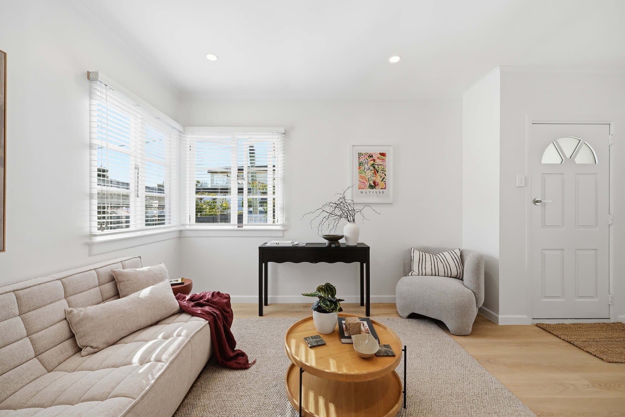 Living room with a white sofa