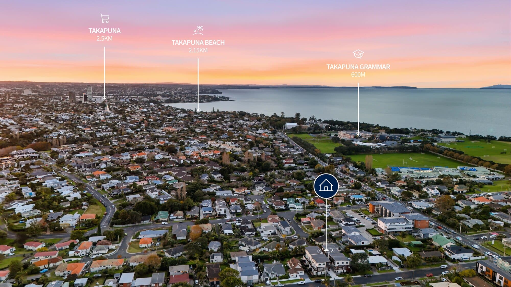 Aerial view over Belmont at twilight with the property marked