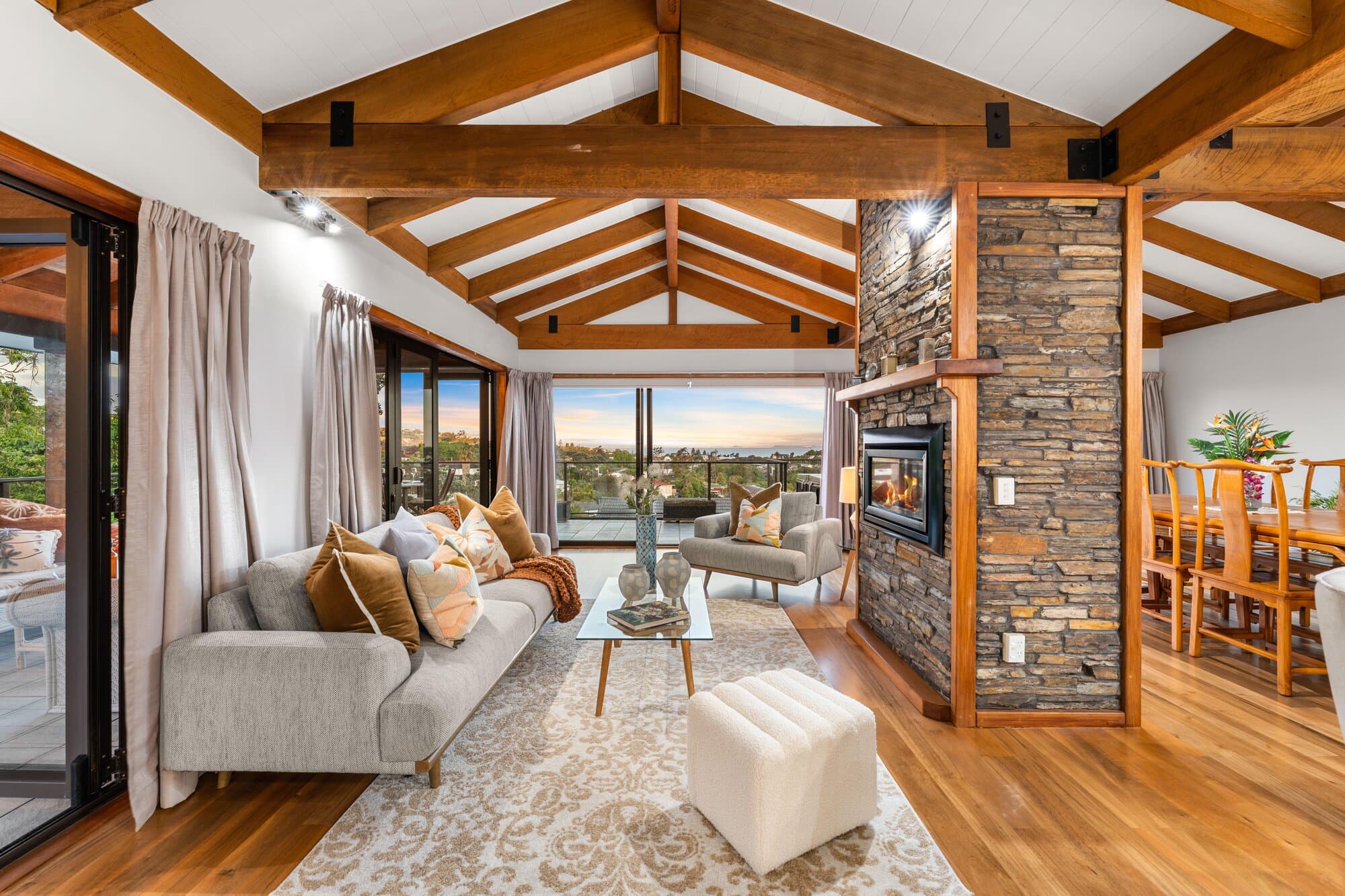 Wide angle of the living room with dining beyond